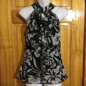 WHBM flower tie shoulder ruffle front blouse